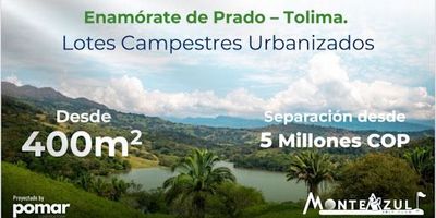 Increíble oportunidad de inversión en Monte Azul Golf Club ,situado a borde de la represa Darío Echandía de Prado Tolima, una de las represas más grandes del país llamada el Mar interior de Colombia, a solo 110km de Ibagué,150 km de Neiva ,180 km de Armenia y 210km de Bogotá. 
Este exclusivo proyecto te ofrece lotes campestres urbanizados desde 400 m2 hasta 1700 m2 ,con Campo de Golf de 18 Hoyos, él área total del proyecto es de 130 hectáreas, 25 ha serán destinados a urbanización, el resto se conservará como reserva forestal con el fin de crear espacios ambientales amplios, áreas sociales bondadosas que podrás disfrutar con tu familia y amigos.
Zonas privilegiadas como portería terrestre y náutica con embarcaderos ,muelle propio y zonas publico privadas, portería aérea(helipuerto),ruta enduro y  más.
Desde 160 millones, Separa con  5 millones y obtén financiación directa a 30 meses sin intereses.
Servicios públicos (punto de agua, luz y aguas residuales) entrega julio de 2026.


 