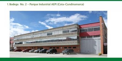 Bodega ubicada en el sector de Cota y Siberia. Tiene acceso por vías pavimentadas tanto por la Calle ochenta, como por la variante de Cota a Siberia. El Parque Industrial AEPI tiene amplias vías que comparten vehículos de carga y particulares. La bodega tiene Puerta eléctrica de acceso. tres puntos de Polo a tierra si se quiere instalar maquinaria de producción. Un mezanine para almacenamiento adicional. El área de trabajo cuenta con cocineta y área de servicios para lockers, Recepción en primer piso con área de almacenamiento bajo la escalera y baño. Area de bodega de MIL SETECIENTOS NOVENTA MTS2 , más TRESCIENTOS OCHENTA Y UN MTS2 en el  Segundo piso y CUATROCIENTOS SETENTA Y CINCO MTS2 en el tercer piso. Baños para hombres y mujeres, cuarto especial para ubicar rack y todo lo necesario para distribuir voz y datos según se requiera. En tercer piso oficina abierta y la gerencia cerrada con baño completo independiente visitanos www.brokerinmobiliaria.com
