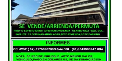 Se trata de un piso completo compuesto de veinte oficinas amobladas, con recepción, sala de reuniones, cocineta, balcón, cuatro baños, bodega,  parqueadero en el sótano,  un apartamento para vivienda de noventa metros cuadrados,  CCTV, vigilancia personalizada las  veinticuatro horas,  dos ascensores, ubicado en el piso diecisiete del edificio ARISTI, cerca Gobernación, en pleno centro de la ciudad de CALI VALLE DEL CAUCA COLOMBIA.