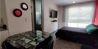 Se Alquila apartaestudio Amoblado amplio e iluminado en conjunto cerrado, cuenta con 1 habitación con su closet, 1 baño, pisos en cerámica y en la alcoba madera flotante, cocina semi integral, zona de ropas, portería, vigilancia, garaje cubierto, canchas de juegos, piscina para niños y adultos, jacuzzi, salón social y zonas Húmedas.. Aprox 45mts2
