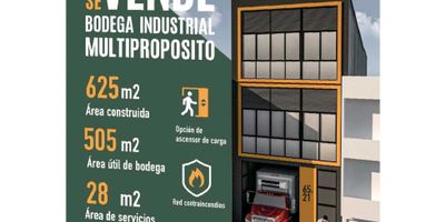 Bodega industrial multipropósito.  Son 28m2 de área de servicios, 505 m2 de área útil y construida son 625 m2.  Altura libre del primer piso de 4.5 m.  Red contra incendios y opción de ascensor de carga.
