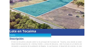 VENDO LOTE EN TOCAIMA CUNDINAMARCA, AREA 20.000 M2 CON POSIBILIDAD DE AMPLIAR EL METRJE SI ES NECESARIO, USO DEL SUELO  VIVIEMDA MULTI FAMILIAR  Y DESARROLLO COMERCIAL CON UNA CAPACIDAD DE 90 UNIDADES POR HECTREA, EL LOTE SE ENCUENTRA UBICADO EN LA VIA PRINCIPAL DEL MUNICIPIO DE TOCAIMA , ZONZ DONDE SE ESTAN DESARROLLANDO PROYECTOS DE VIVIENDA HOTELES Y CENTROS DE DESCANSO Y RECREACION , SE ENCUENTRA UBICADO AL INGRESO SE LA CABECERA DEL MUNICIPIO DE TOCAIMA   VALOR POR METRO CUADRADO 210.000

