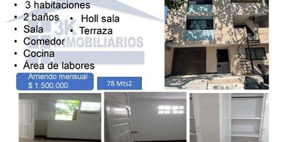 Apartamento en Arriendo Cuenta con 3 habitaciones , 2 baños , sala , comedor ,cocina , area de labores , holl sala , terraza  , Tiene un area de78 Mts2