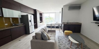 Apartaestudio de un solo ambiente ( sala, cocina integral, alcoba.), cuenta con baño social,  un baño principal, un área de labores, area de 56.72 m2 aproximadamente, un garaje cubierto, edificio con vigilancia privada 24 horas, tres ascensores, piscina, gimnasio, sauna, jacuzzi, juegos infantiles, sala de juntas, teatrino y planta eléctrica de suplencia total, excelente ubicación al norte, barrio Alto Prado. Canon $ 3.100.000 con administración incluida.