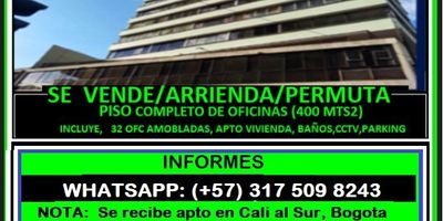 GRAN OPORTUNIDAD  DE INVERCION  Se trata de un piso completo compuesto de veinte oficinas amobladas, con recepción, sala de reuniones, cocineta, balcón, cuatro baños, bodega,  parqueadero en el sótano,  un apartamento para vivienda de noventa metros cuadrados,  CCTV, vigilancia personalizada las  veinticuatro horas,  dos ascensores, ubicado en el piso diecisiete del edificio ARISTI, cerca Gobernación, en pleno centro de la ciudad de CALI VALLE DEL CAUCA COLOMBIA.