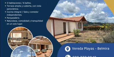 ?✨ Venta de Casa Campestre – Reservas del Río, Vereda Playas, Belmira

? Área construida: 430 m²
? Precio: $800.000.000

Lo que enamora de esta propiedad ❤️:
✅ Vista panorámica espectacular
✅ Casa amplia de un solo nivel con diseño moderno
✅ Terraza grande y cubierta / corredores amplios
✅ Comodidades y espacios pensados para el confort

Distribución y características:


 
 5 habitaciones, cada una con baño y clóset
 
 
 1 baño social adicional
 
 
 Sala y comedor independientes
 
 
 Cocina integral con barra americana
 
 
 Patio trasero con huerto
 
 
 Parqueadero amplio para visitantes
 
 
 2 calentadores eléctricos
 
 
 Zonas verdes, jardín y cercamiento vivo
 
 
 Cámaras de seguridad instaladas
 


Extras y servicios:


 
 Sistema de recolección de aguas lluvias
 
 
 2 tanques de agua de 200 m²
 
 
 Abastecimiento de agua propio del proyecto de parcelas
 
 
 Cercanía al parque recreativo Plaza del Río, Capilla de Playas, tiendas y a la vía principal San Pedro – Belmira
 


? Una propiedad con gran potencial para recreación, descanso o para vivir en un lugar tranquilo, moderno y rodeado de naturaleza.

? Contáctanos y agenda tu visita.
Tú lo sueñas, nosotros lo encontramos.
