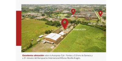 Vendemos Bodega y oficinas (4 edificaciones tipo bodega) en Arroyo Hondo sobre la autopista Cali – Yumbo a 2,5 Kms de Sameco y a 21 minutos del Aeropuerto Alfonso Bonilla Aragón, 9,540 m2 de lote con 2,282 m2 construidos, construcción en mampostería y estructura en concreto reforzado tipo planta libre, lo que permite almacenar en altura con la distribución acorde a cada necesidad, edificación para casino u otro uso, zonas verdes perimetrales, redes eléctricas e hidrosanitarias operativas, tanque de almacenamiento de agua, normatividad de uso (zona industrial de Yumbo)
