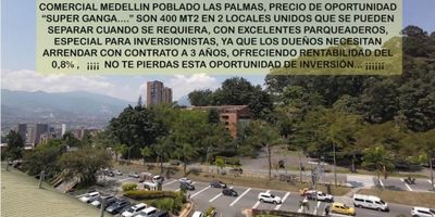 Venta de espectacular local en el mejor y más comercial sector en la vía de las palmas. Es un gran local con 2 locales unidos.  quedan en el nivel inferior de parqueaderos internos  y tienen salida o también  entrada con gran  iluminación y ambiente, hacia una terraza que a la vez permite el parqueo externo. Poseen  gran vidriera hacia terraza del edificio que también se puede aprovechar para parqueaderos adicionales Es precio de oportunidad   Porque en la zona está a $12 millones el mt2 Son 2 locales unidos  Pero se pueden separar en cualquier momento Área  local 1,  176 mt2,     Área del local 2,  220 mt2 área total de los 2 locales aproximada 400 m2 valor por mt2  $5.375.000  valor total  los 2 locales $ 2.250.000.000 dos mil doscientos cincuenta  millones pesos colombianos valor en dólares us $ 562.500  quinientos sesenta y dos mil  quinientos dolares dólares aproximadamente El centro comercial Está ocupado por grandes marcas Se vende para inversionista por qué los dueños están restructurando sus deudas y lo venden a precio de oportunidad  ,con la condición de quedarse como inquilinos de esta propiedad por tiempo mínimo de 3 años . El arriendo lo define el que compre con los actuales dueños, pero puede ser aproximadamente del 0.8% de rentabilidad lo cual es excelente. El arriendo podría ser Aproximadamente 17 millones , más el valor  de la Administración. Para finalizar: Es una gran oportunidad para invertir en esta increíble  propiedad. Si este es tu presupuesto , si te interesa esta propiedad y llena tus expectativas de inversión,  No dejes pasar la oportunidad, no dudes en llamarme e iremos a conocer esta excelente opción de inversión, y esta belleza de  propiedad . Con nuestros servicios, y con nuestra asesoría personalizada durante todo el proceso, compras fácil, rápido y seguro. Esperamos tu llamada. Con el Precio en dólares ,  La tasa de cambio se revisará al momento de algún negocio. ENGLISH Sale
