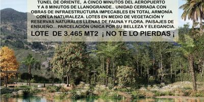 Venta de espectacular lote..el mejor de la parcelacion, ubicado en el oriente antioqueño,en exclusiva parcelación,  a 20 minutos de Medellín, a 5 minutos del aeropuerto y 10 minutos de llano grande… espectacular ubicación. Este lote es el mejor de la parcelación ya que fué uno de los primeros en vender , y el que tiene mejor ubicación dentro de la parcelación. A través del túnel de oriente, la vida tranquila encuentra el espacio predilecto en medio de una exclusiva reserva natural. En un lote de 66 hectáreas se desarrolla una parcelación rodeada por inmensas extensiones de árboles nativos, majestuosas montañas y un majestuoso lago. Esta belleza de lote, es un pulmón de vida y una fuente de sosiego inagotable para tu familia. vivir aquí… es tener a pocos minutos lo realmente importante; A 5 minutos del Hospital San Vicente de Paúl y del aeropuerto José María Córdoba, a 8 minutos del Mall Llano grande, a 20 minutos de Medellín, no encuentras una mejor ubicación. La impactante vegetación y variada topografía brindan el privilegio de la seguridad y la privacidad. Sendero lineal de 4 kilómetros que recorre toda la vía principal y sus ramales. Salón de reuniones de copropietarios en la portería principal. Iluminación de zonas comunes en paneles solares con luz led. Los lotes se entregan en su estado natural. Vivero con siembra de 30.000 árboles nativos para aumentar la flora y atraer la fauna  Se recibe menor valor valor del lote  $ 1.890  mil ochocientos noventa millones de pesos colombianos valor en dólares us $ 450.000 cuatrocientos  cincuenta mil dólares aprox. área del lote  3.465 mt2

Para finalizar….. Si este es tu presupuesto , si te interesa esta propiedad y llena tus expectativas de inversión,  No dejes pasar la oportunidad, no dudes en llamarnos e iremos a conocer esta excelente opción de inversión.  Con nuestros servicios, y con nuestra asesoría personalizada durante todo el proceso, compras fácil, rápido y 