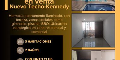 TE OFRECEMOS EN VENTA HERMOSO APARTAMENTO EN CONJUNTO CLUB HOUSE!
Ubicado en conjunto residencial Tierra del sol, Ciudad Techo. Kennedy.
Cuenta con 59M2 de área, ubicado en piso 12, cuenta con balcón, 3 habitaciones, 2 Baños, balcon, sala comedor, cocina integral, ascensor, porteria, zonas sociales como gimnasio, zona BBQ, cancha deportiva, zona infantil, piscina. Para mas informacion contactanos! 3158981090/32410509608