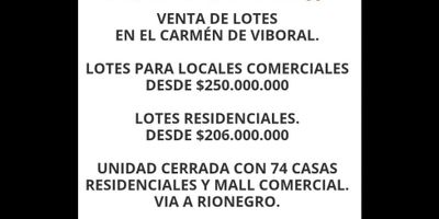Venta de lotes comerciales y residenciales en el carmen del viboral 
Via rionegro - carmen del viboral

Variedad de lotes, con gran proyeccion, lotes de distinta area, con senderos ecologicos, zona bbq, salon multiple, juego para niños, porteria 24h, zonas de mascotas, huerta 

Casa unifamiliares, y Bifamiliares con parqueaderos privados 
